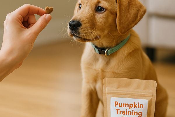 Golden puppy wearing teal collar sitting on hardwood floor, focused on heart-shaped Surfsidepaws Pumpkin Training Bite held by owner’s hand